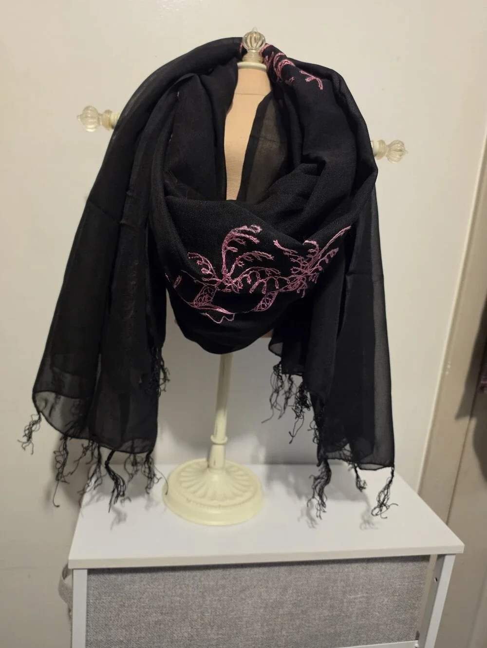 Elegant Black Scarf with Pink Embroidered Accent